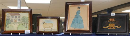 A 19th century armorial funerary hatchment, 25 x19cm and 19th century English School, three watercolours, naive studies, portrait, shee